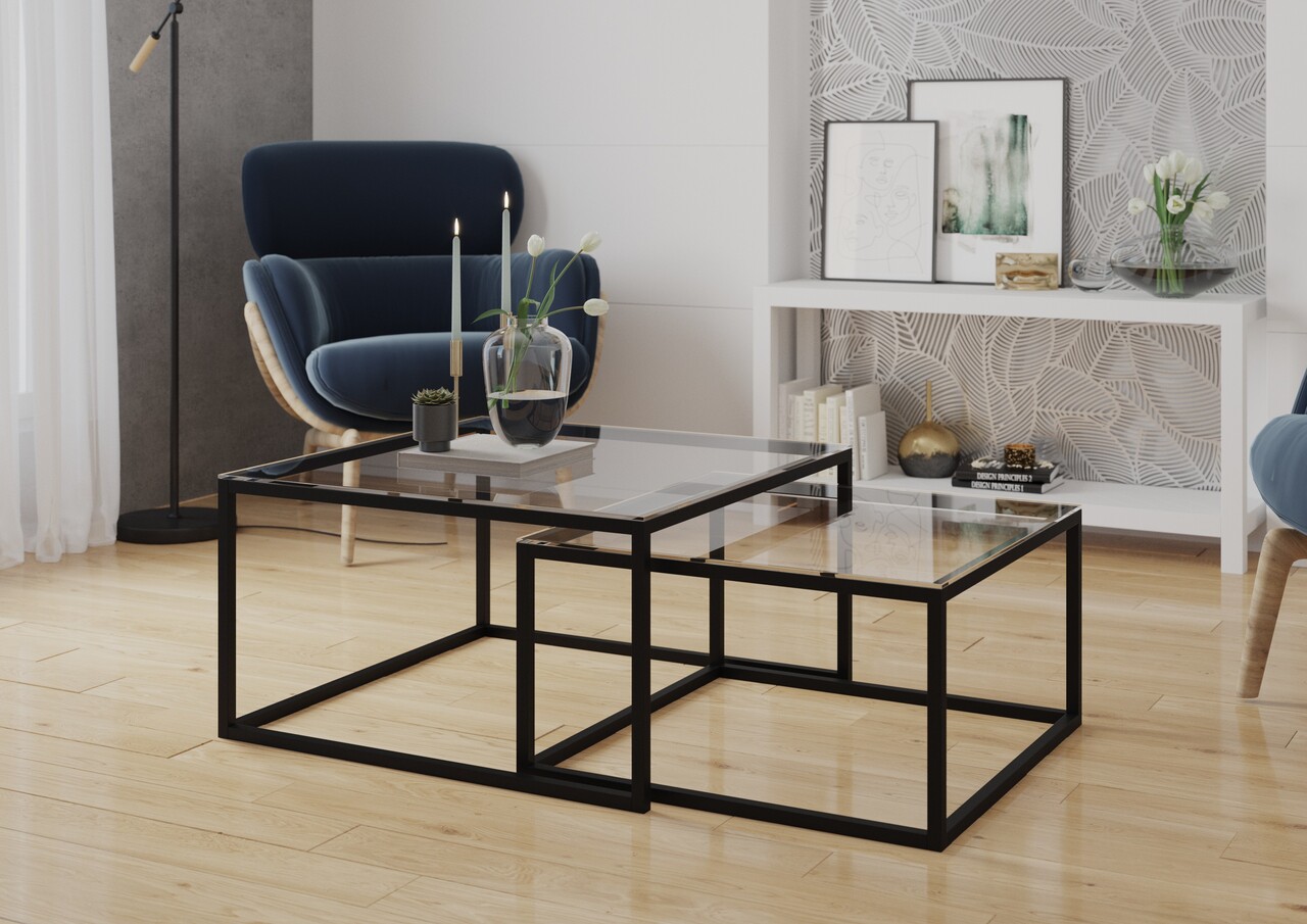 Masuta de cafea ELTAP, Stolik Cloue, 140x65/75x35/41 cm, metal/sticla, negru/transparent - imagine 5